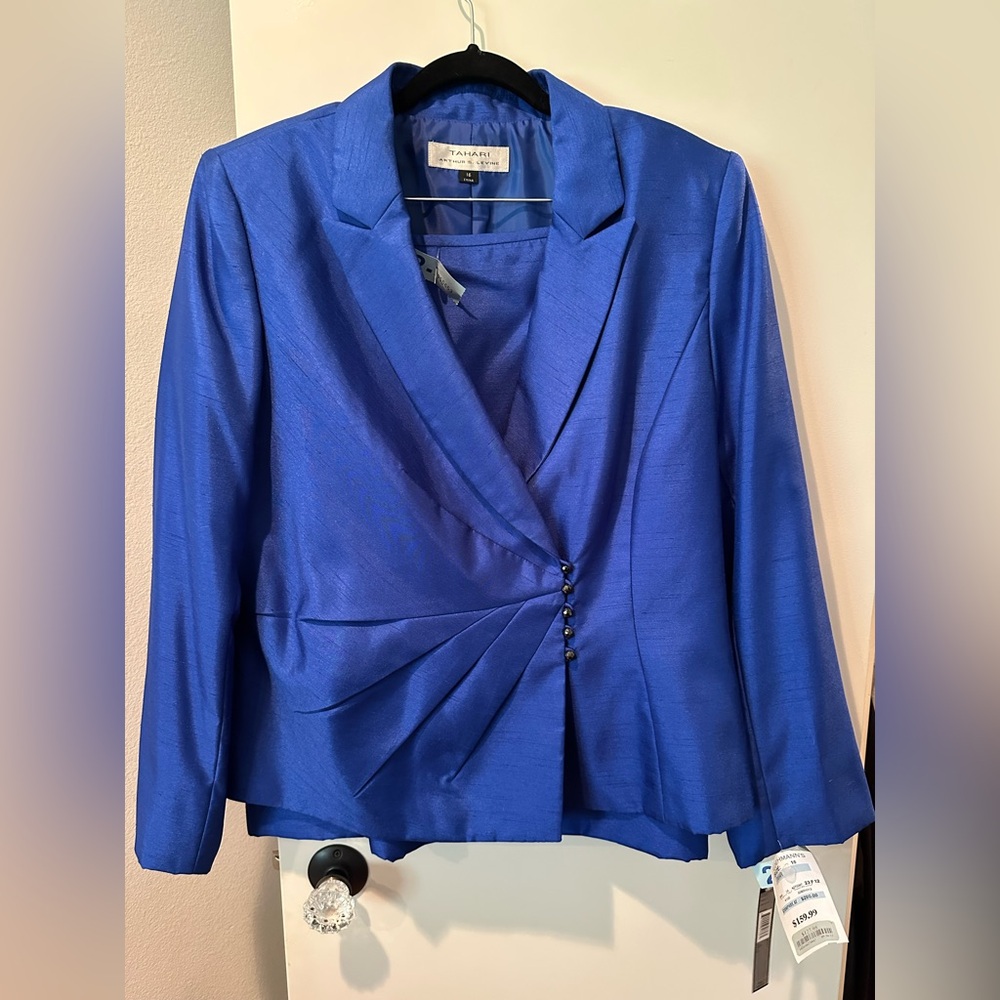 Tahari Arthur S. Levine Cobalt Blue 2-Piece Suit Jacket Skirt Set Size 16 NWT